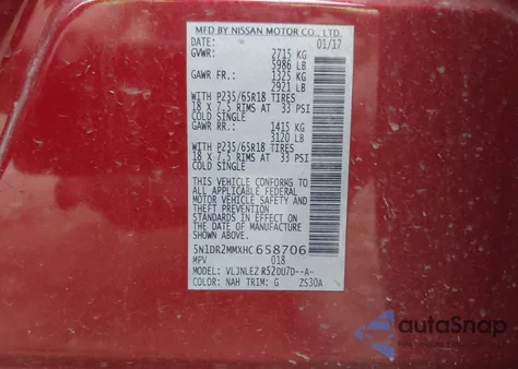 2017 Nissan Pathfinder Sv from USA, damaged, VIN 5N1DR2MMXHC658706